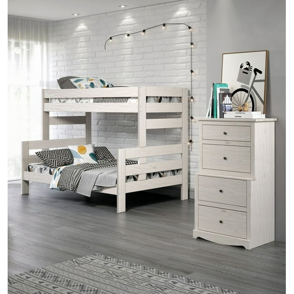 White Finish Bunk Bed Having Plank and Rustic Ladder Design
