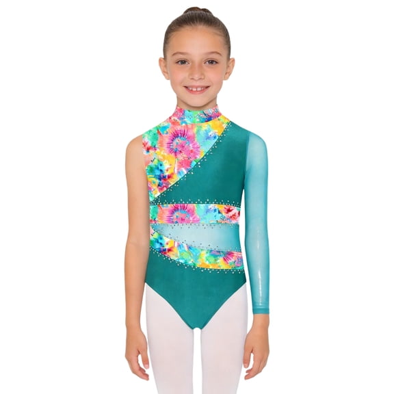 TiaoBug Gymnastic Leotards for Girls Girls Racer Checkerboard Long Sleeve Dance Unitard Rhinestones Mesh Bodysuit Green 8