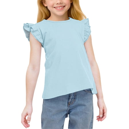 Efsteb Summer Shirts for Girls Summer Cute Ruffle Sleeve Crew Neck Basic Tops Fashion Casual T Shirts (Light Blue 10 Years)