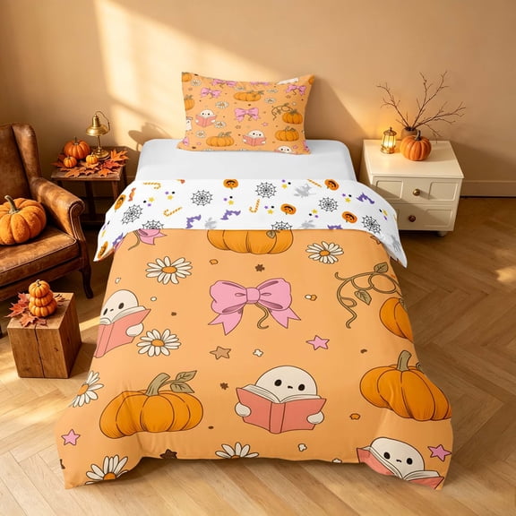 Homewish Halloween Spooky Animal Twin Duvet Cover, Bow Pumpkin Star Twin Bedding, Orange, Pumpkin Bat Reversible 2-Piece, 1 Duvet Cover and 1 Pillowcase