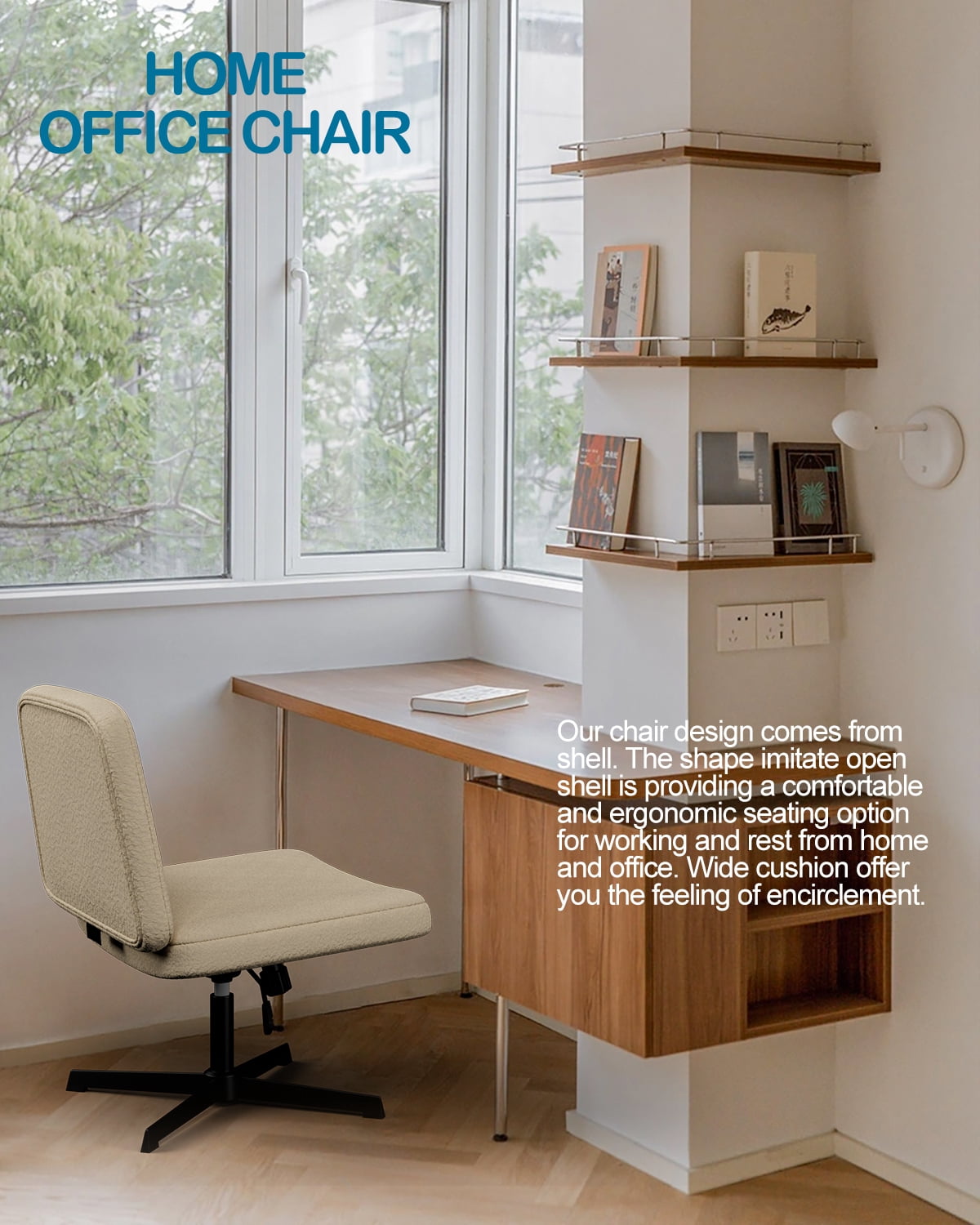 Cross Legged Office Chair,Armless Wide Seat Ergonomic Home Office Desk Chair No Wheels Swivel Home Office Desk Computer Chair for Vanity Home Office Bedroom Living Room(Normal Large Seat, Ivory)
