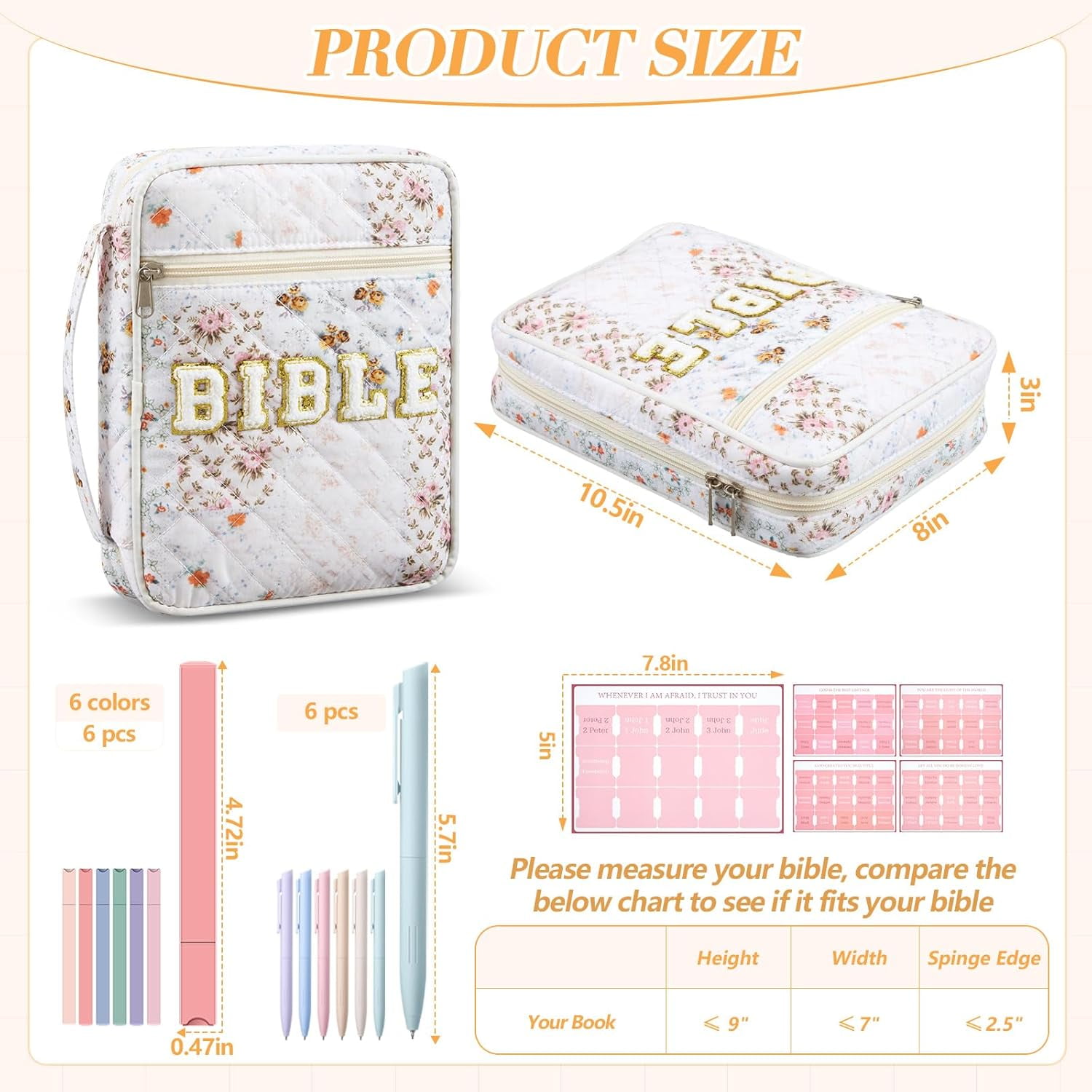 Quilted Bible Cover Case for Women Large Carrying Bag Book Tote Bags Bible Bag with Handle Bible Study Supplies Christian Gifts  for Church Religious with Organizer Tabs 6 Colored Pens 6 Highlighters