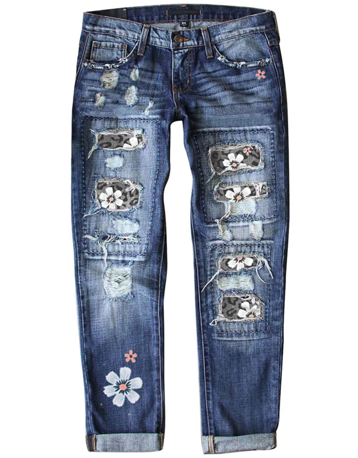 Blue Jeans for Women Sunflower Patch Trendy Ripped Jeans Button