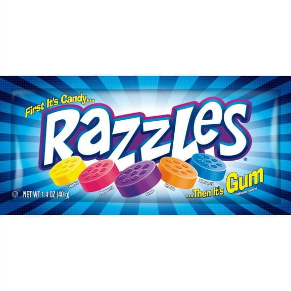 Razzles Classic Candy Gum 1.4 oz Pouch. Peanut Free and Gluten Free. Soy May Be Present.