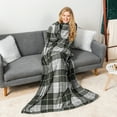 thumbnail image 2 of PAVILIA Plaid Grey Fleece Wearable Blanket with Sleeves for Adults Women Men, Soft Warm Full Body Wrap Throw, Sweatshirt Pocket, Cozy Pullover Robe Blanket with Arm, Gifts for Christmas Mom Wife, 2 of 9