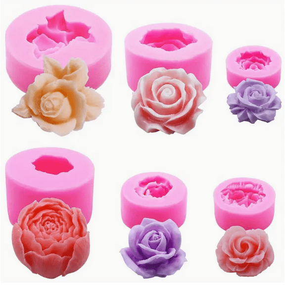 6PCS Flower Bloom 3D Rose Flower Fondant Silicone Molds for Cupcake Topper Cake Decoration Chocolate Candy Polymer Clay Gum Paste Resin Soap Candle