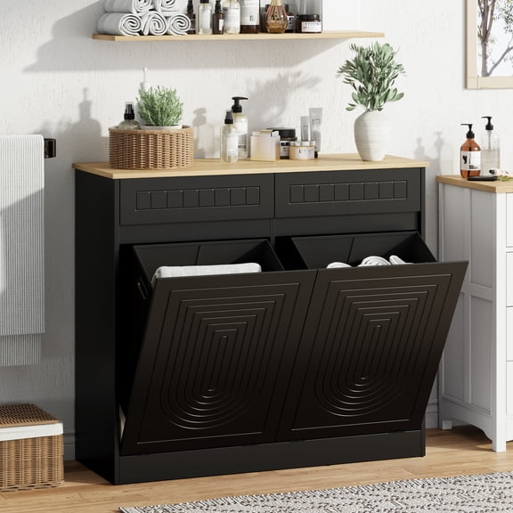 Double Tilt Out Laundry Hamper Cabinet with 2 Drawers, Black Wood Laundry Sorter Organizer with Removable Baskets, Space-Saving Bathroom and Laundry Room Storage Credenza, Also Fits Trash Cans