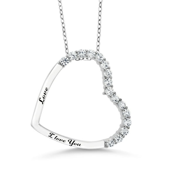 Gem Stone King 925 Sterling Silver White Created Sapphire `I Love You` Engraving Heart Shape Pendant Necklace for Women (0.50 Cttw with 18 inch Silver Chain)