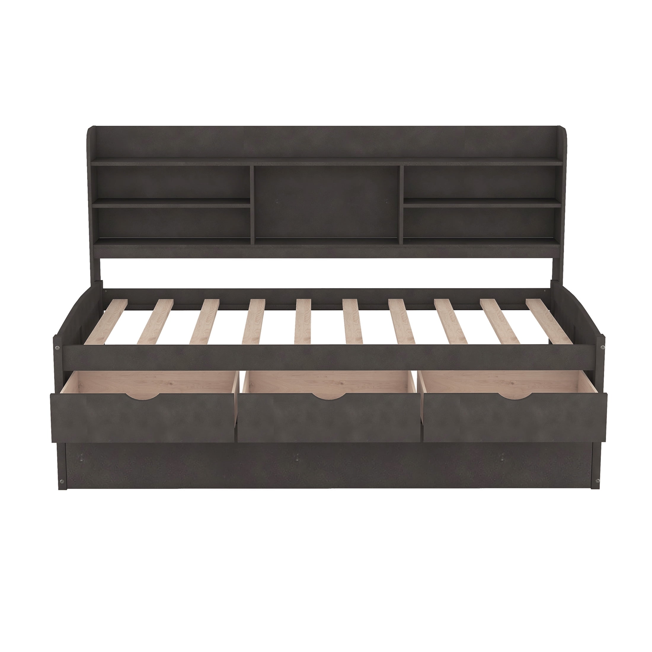 Noble House Savoy Twin Size Wooden Captain Bed with Bookcase Headboard and Trundle, Storage Drawers, Antique Brown