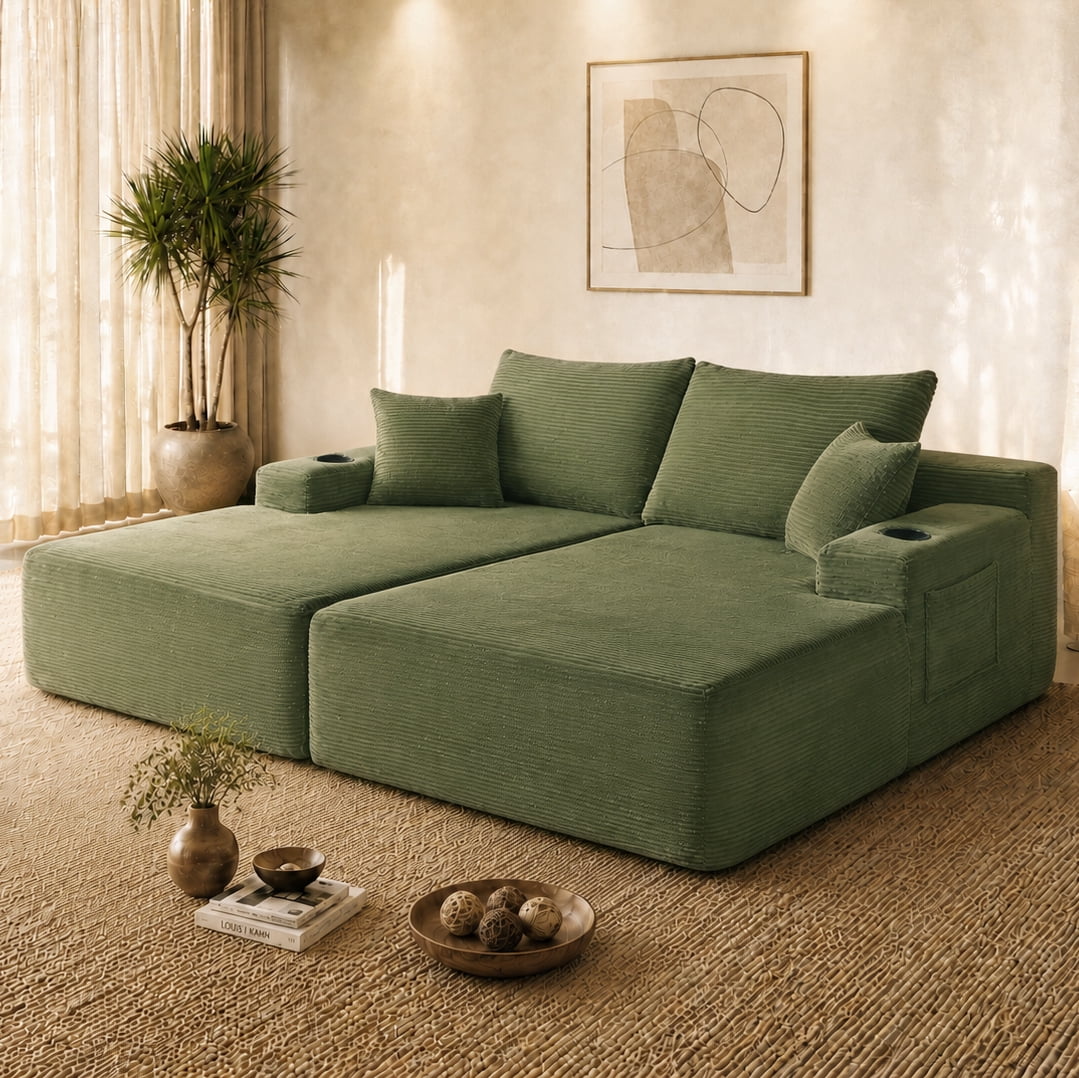 Leumius 69" Cloud Sectional Couch,L-Shape Futon Sofa Bed with R-Shape Chaise with Deep Seat,2 Seater Boneless Couch for Living Room,Green
