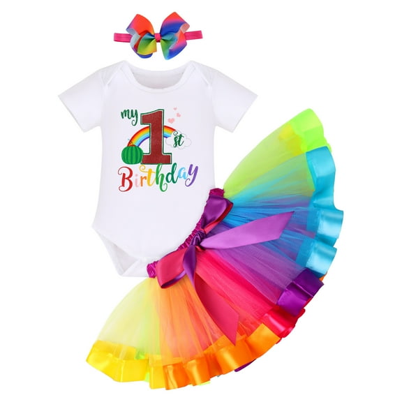 FYMNSI Baby Girl My 1st First Birthday Cake Smash Outfit Watermelon One Year Old Party Photo Props Short Sleeve Romper Rainbow Skirt Bowknot Headband Set 1 Year