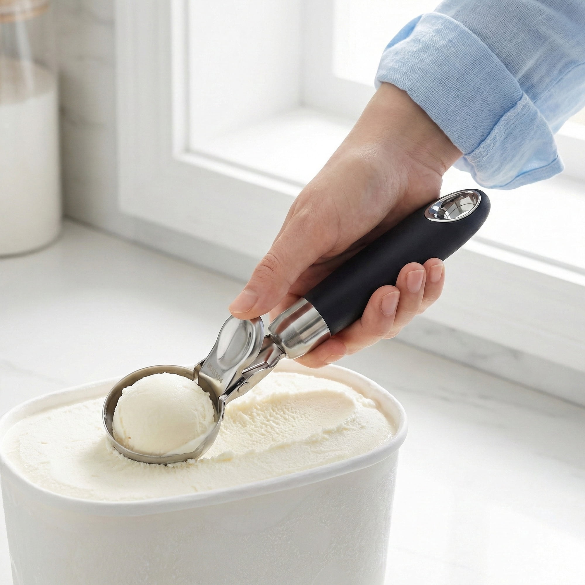 Unique Bargains Stainless Steel Ice Cream Scoop for Release Black 7.7in