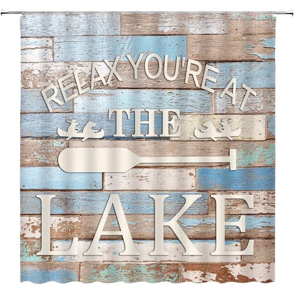 Rustic Lake Cabin Shower Curtain Relax Inspirational Quotes Motivation Words Vintage Wooden Board Barn Door Plank Farmhouse Country Lodge Camping Decor Fabric Bath Curtain with Hook