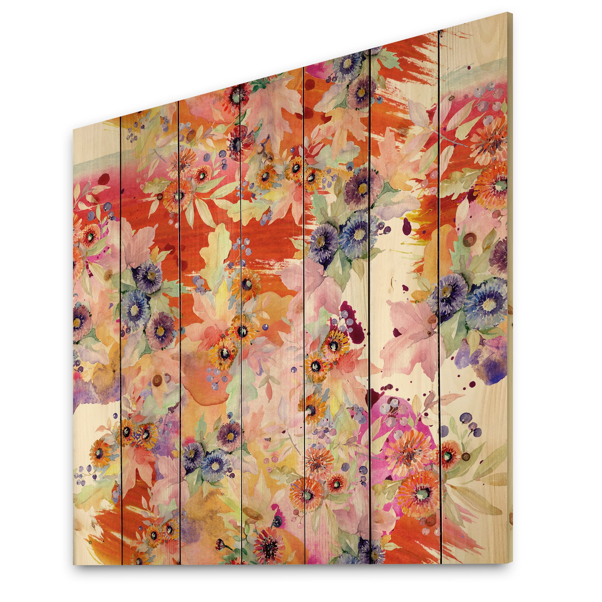 Designart 'Wildflowers and Vibrant Wild Spring Leaves VI' Modern Print on Natural Pine Wood