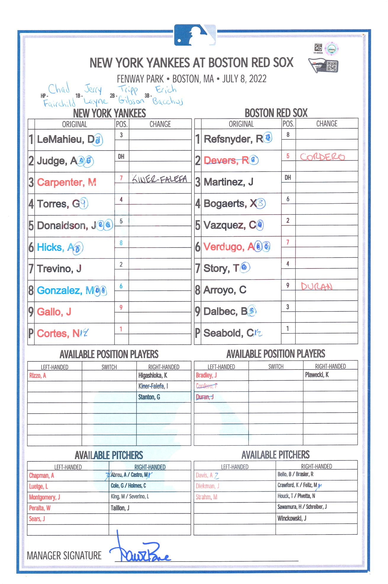 New York Yankees Game-Used Lineup Card vs. Boston Red Sox on July 8