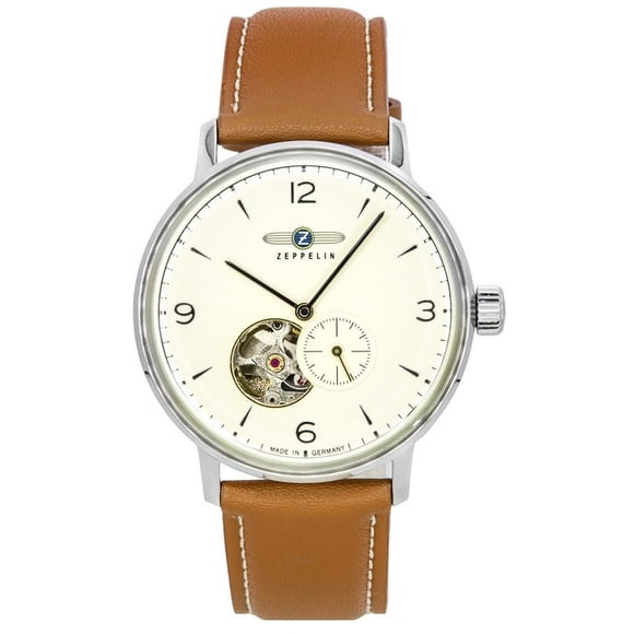 Zeppelin LZ129 Hindenburg Leather Strap Open Heart Beige Dial Automatic 80665N Men's Watch