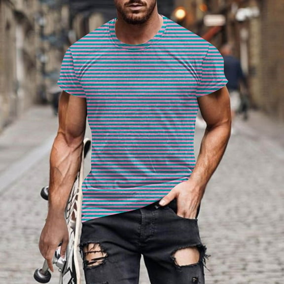 Stripe T Shirts for Men M-4XL Big & Tall Short Sleeve Tshirts Shirt Plus Size Pullover Crewneck Slim-Fit Basic Loungewear Workout Tees Tops