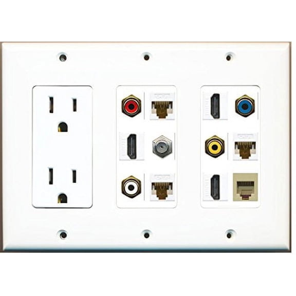 RiteAV (3 Gang 15A Outlet 3 HDMI Coax 3 Cat6 RCA Red Blue White Yellow Phone Wall Plate
