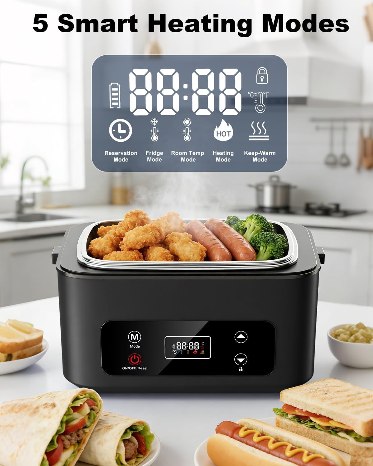 Cordless Electric Lunch Box, 5.1 Cups Heated Lunch Box Battery Powered with Automatic Scheduled Heating for Office, Picnic, Car & Outdoor Use
