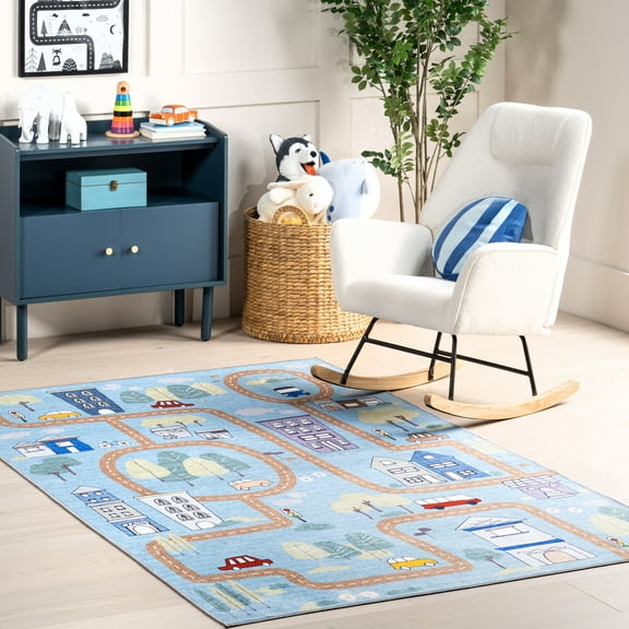 nuLOOM Chalea Kids Town Machine Washable Area Rug, 3' x 5', Blue