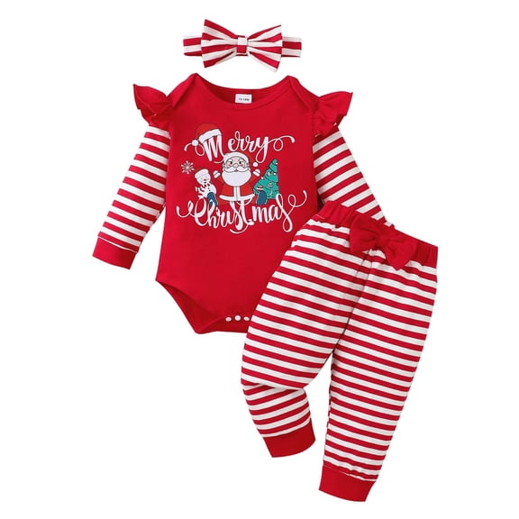 Kucnuzki 3 Months Newborn Baby Girls Christmas Outfit Set 6 Months Girl Clothes Set Ruffle Long Sleeves Romper Santa Claus Top Bowknot Striped Pants Sets with Headband 3pcs Clothing Red