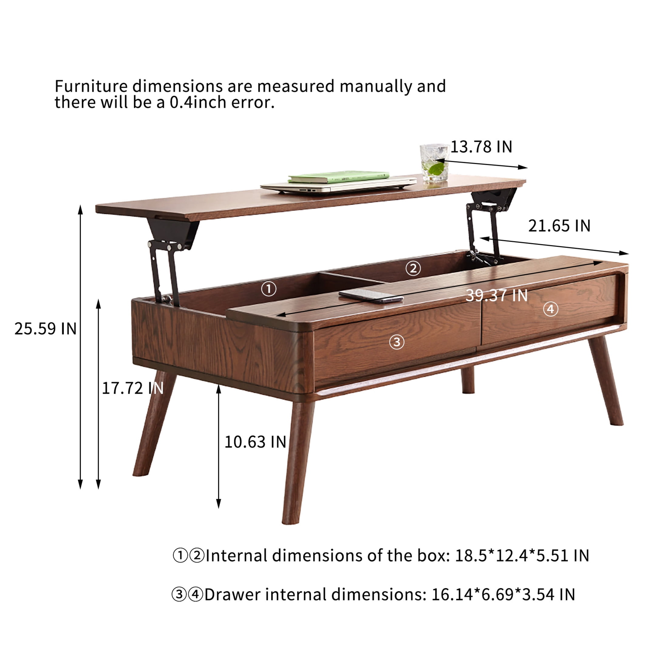 Elevating Low Coffee Table, 100% Solid Oak Wood with Storage Shelf, Easy to Assemble Study or Work from Home Table, Multifunctional Wooden Table, Walnut