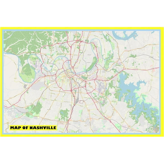 Map of Nashville 18x24 with Neighborhoods, Streets, Roads, Highways and Parks - Laminated Wall Map Poster Print - Vivid Imagery with Bright Colors