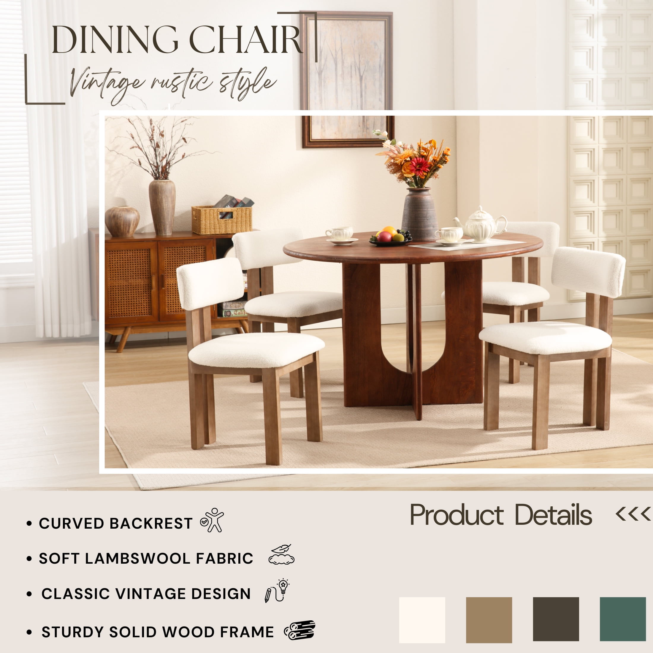 Guyou Wooden Dining Chairs Set of 2, Mid Century Modern Sherpa Upholstered Dining Side Chairs, Farmhouse Kitchen Chairs with Curved Back for Kitchen Dining Room Living Room, White