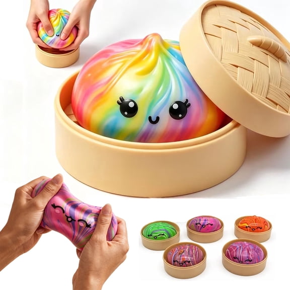 Giant Rainbow Dumpling Squishy Toys with Steamer Basket, Cute Bao Bun Slow Rising Stress Ball, Kawaii Sensory Fidget Squeeze Toys for K*-ids and Adults, Anxiety Relief Desk Toys
