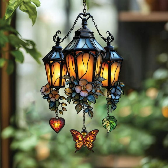 Victorian Lantern Acrylic Suncatcher, Faux Stained Glass Floral Window Hanging, Warm Fall Cottage Decor Gift For Her Or Garden Lover