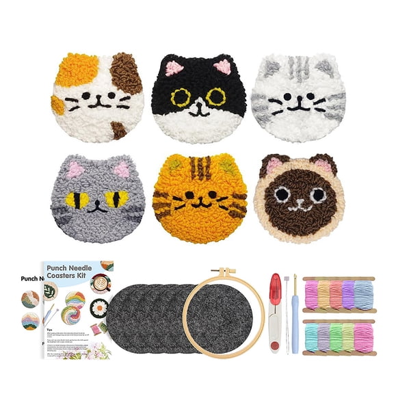 Punch Needle Coaster Kit Cute Cat Pattern Diy Embroidery Craft Set 6 Pieces For Beginners Home Table Decoration