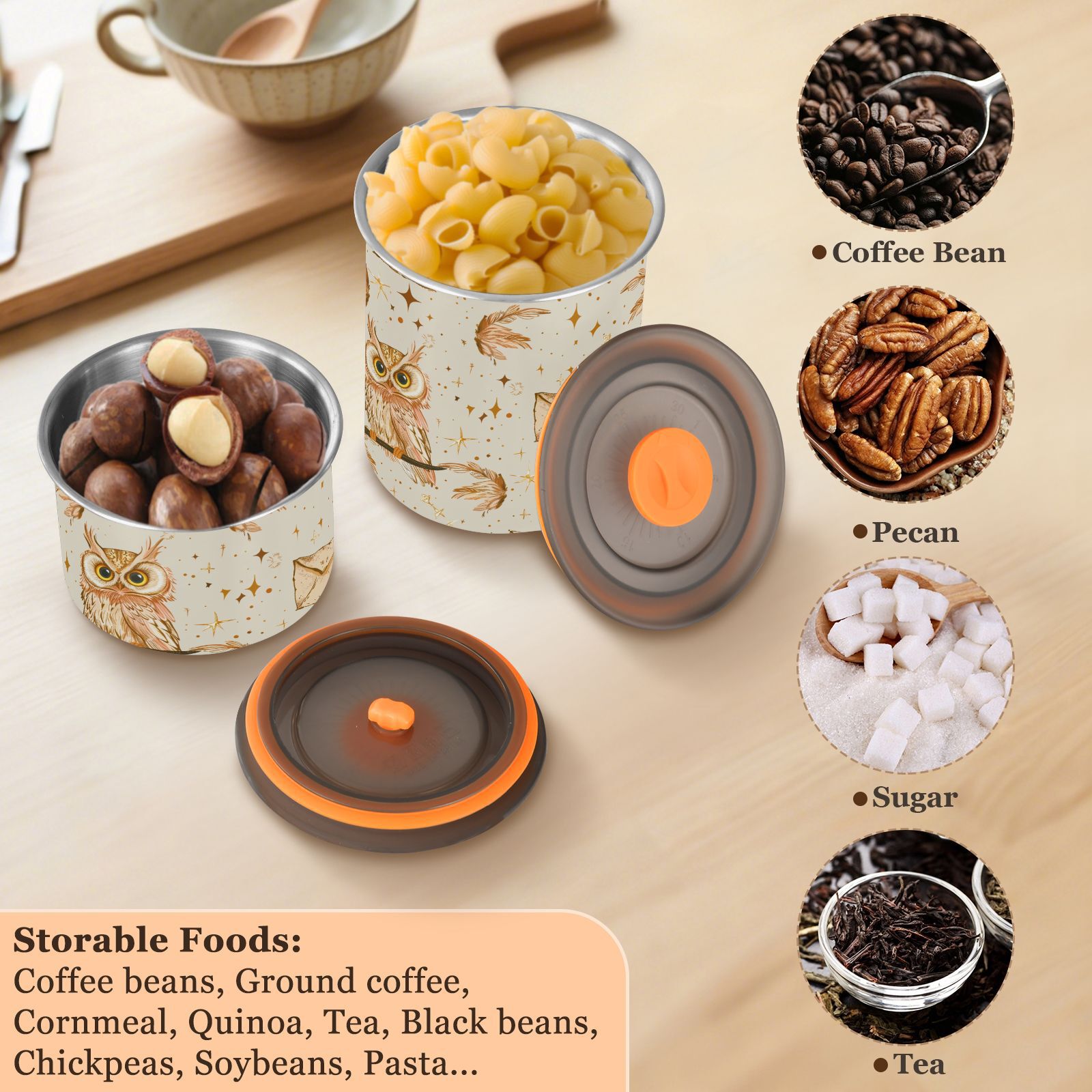 Owl Envelope Retro Airtight Coffee Bean Canister 30oz Food Storage Containers with Lids For Gournd, Tea, Sugar, Flour, Rice, Cereal, Candy Cookie Jar