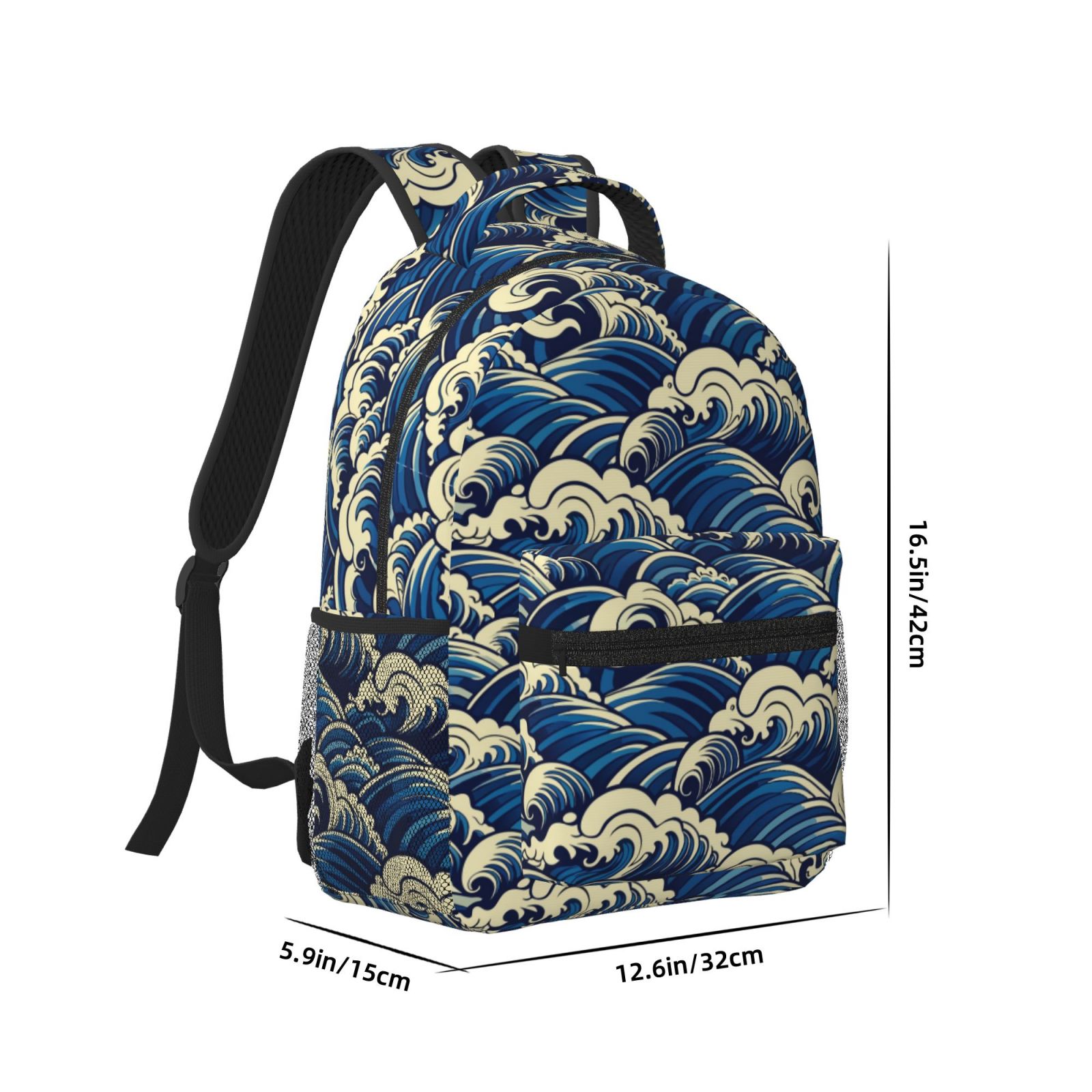 Rateoe Japanese Water Wave Pattern Durable Student Backpack Laptop Bag- Ergonomic Design, Waterproof Twill Fabric - Ideal for School, Travel, and Outdoor Activities-One Size