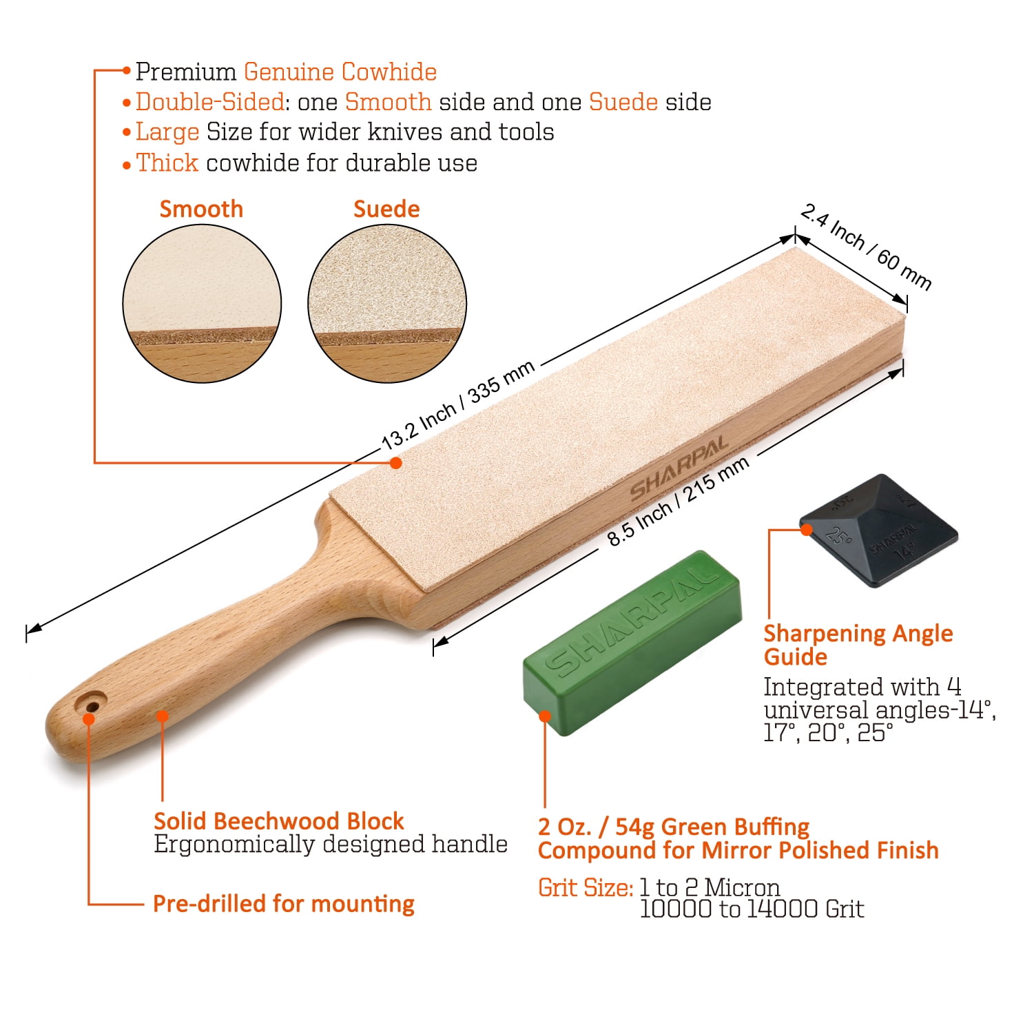 Sharpal Double-Sided Leather Strop Kit with Polishing Compound & Angle Guide for Sharpening Knives & Chisels