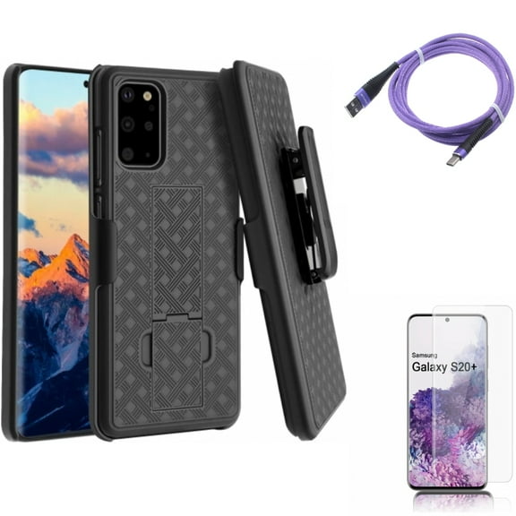 10ft USB Cable w Screen Protector w Case Belt Clip for Samsung Galaxy S20 Plus - Purple Type-C Charger Cord, Tempered Glass [Fingerprint Unlock] 3D Curved Edge, Holster Swivel fits Galaxy S20 Plus