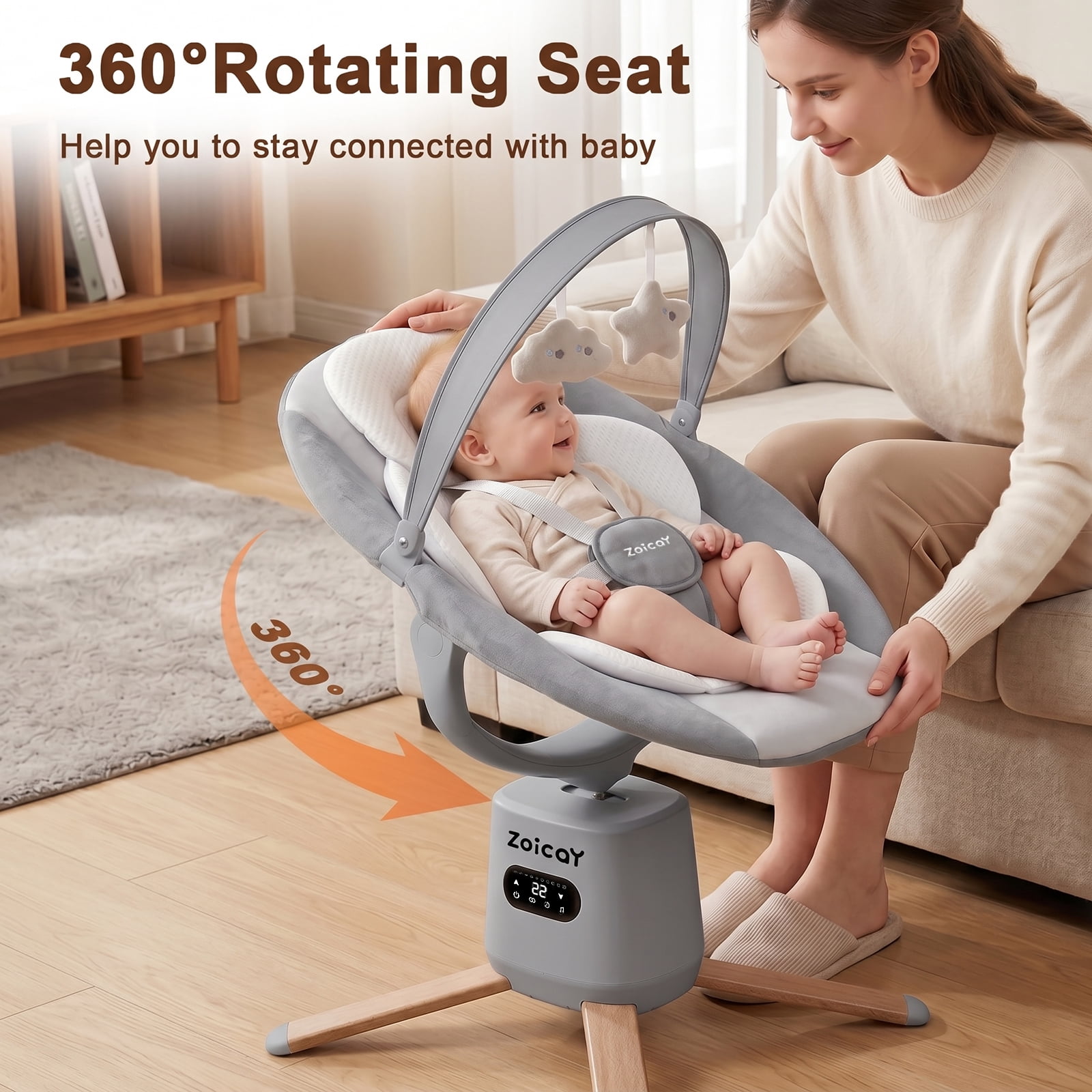 Zoicay Baby Swing with 5-Point Safety Harness, 8 Motions & 8 Speeds, 360° Rotatable Seat, Bluetooth & 6 Preset Melodies, App Remote Control, Gray