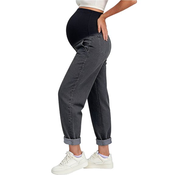 Costeam Womens Maternity Jeans Full Panel Belly Support High Waist Cuffed Roll Hem Straight Leg Soft Washed Stretch Denim with Side Pockets Comfort Casual Pregnancy Long Trousers