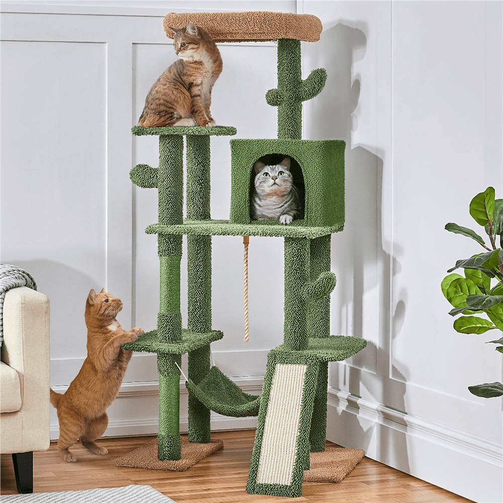 Alden Design 63″ H Multi-Level Cactus Cat Tree with Natural Sisal & Hanging Ball, Green/Brown
