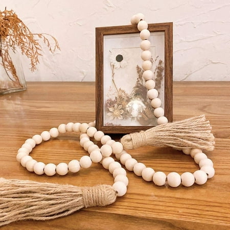 Farmhouse Beads 51inch Wood Bead Garland With Tassels Rustic Country Decor Prayer Boho Big Wall Hanging Canada - Large Wood Beads Home Decor