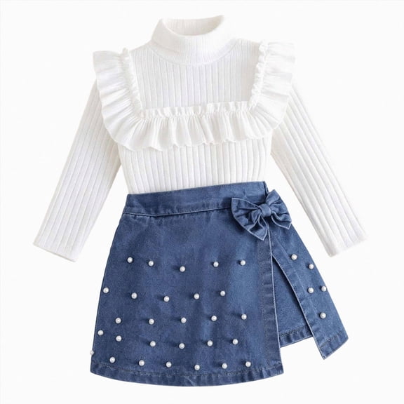 KPOPLK Toddler Girl Clothes 2Pcs 2T 3T 4T 5T 6T 7T Ruffle Turtleneck Sweater Pearl Denim Skirt Set Preppy Outfit for Kids,Size 6-7 Years