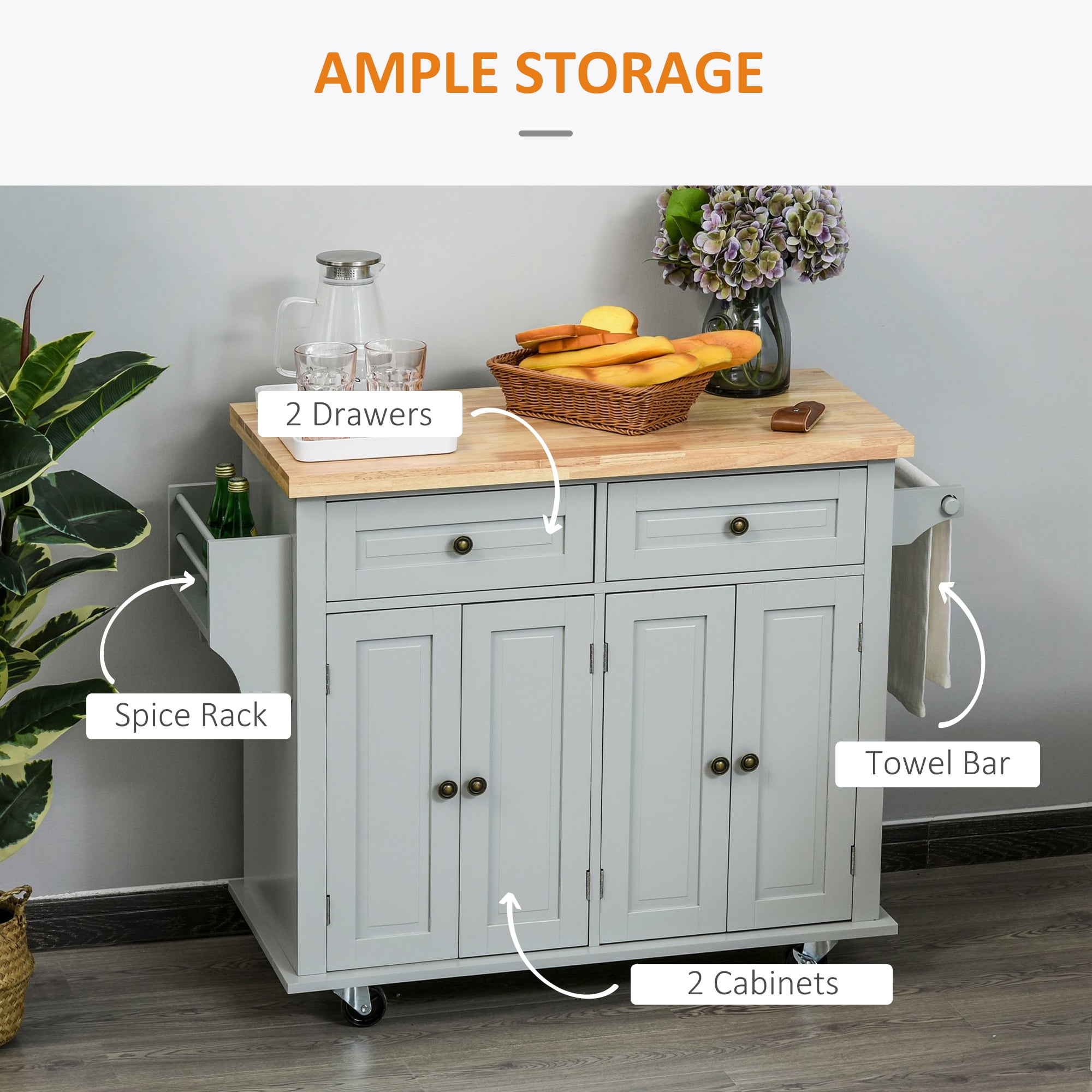 HOMCOM Kitchen Island on Wheels, Rolling Cart with Rubber Wood Top, Spice Rack, Towel Rack & Drawers for Dining Room, Gray
