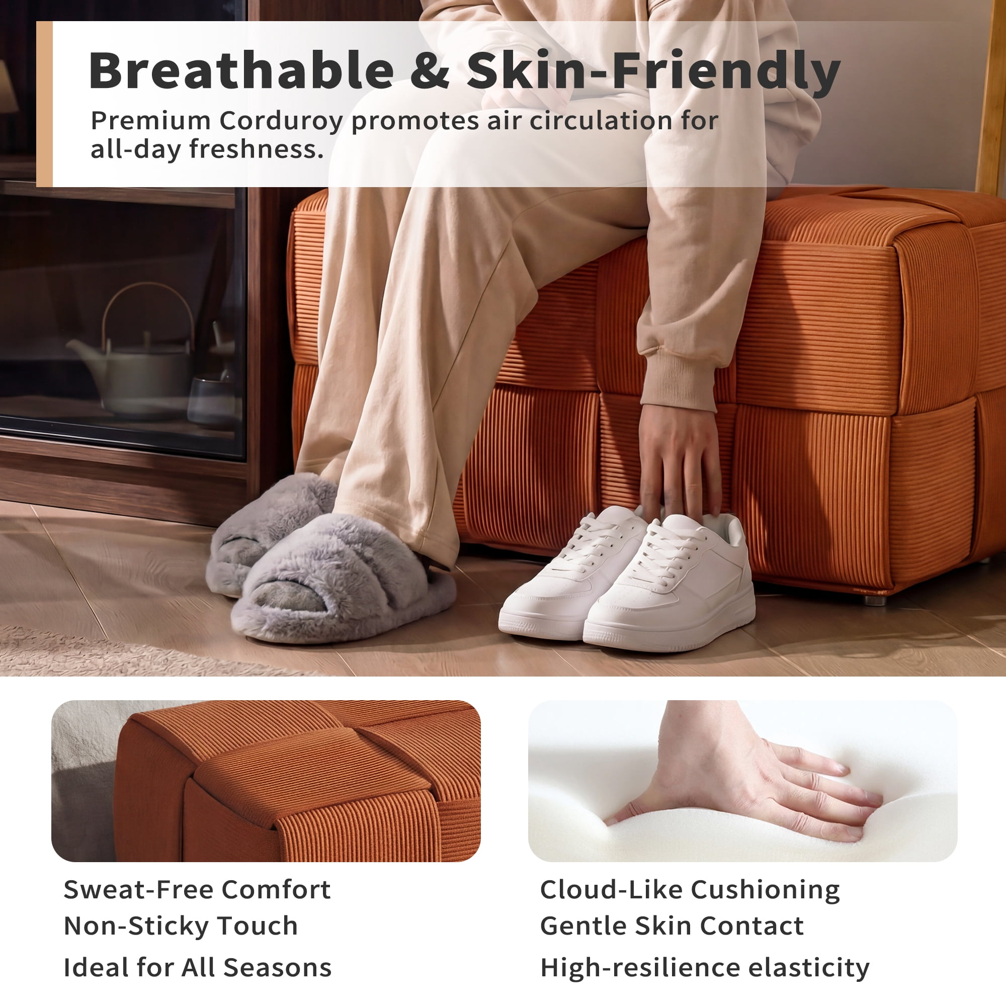Corduroy Ottoman Foot Rest, Square Upholstered Stool with High-Density Foam and Wood Frame, 300 Lbs Capacity, Multi-Purpose Footstool for Living Room Bedroom Nursery, Brown
