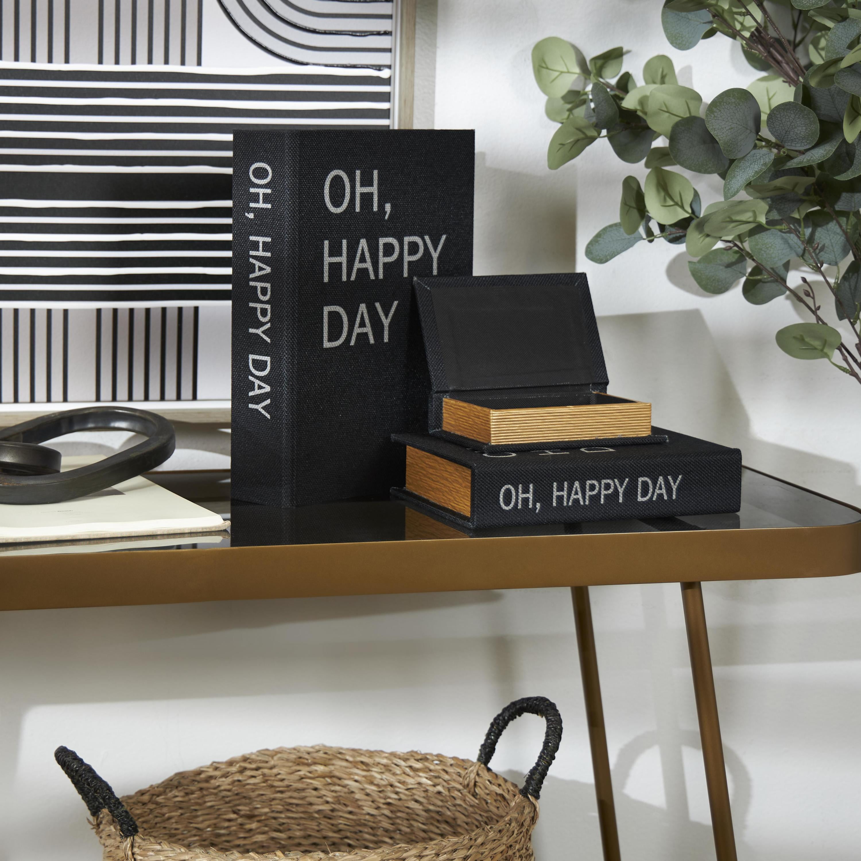 DecMode Storage Book Black Linen Fabric Decorative Box with Typography and Gold Page Inspired Detail, 3 Count