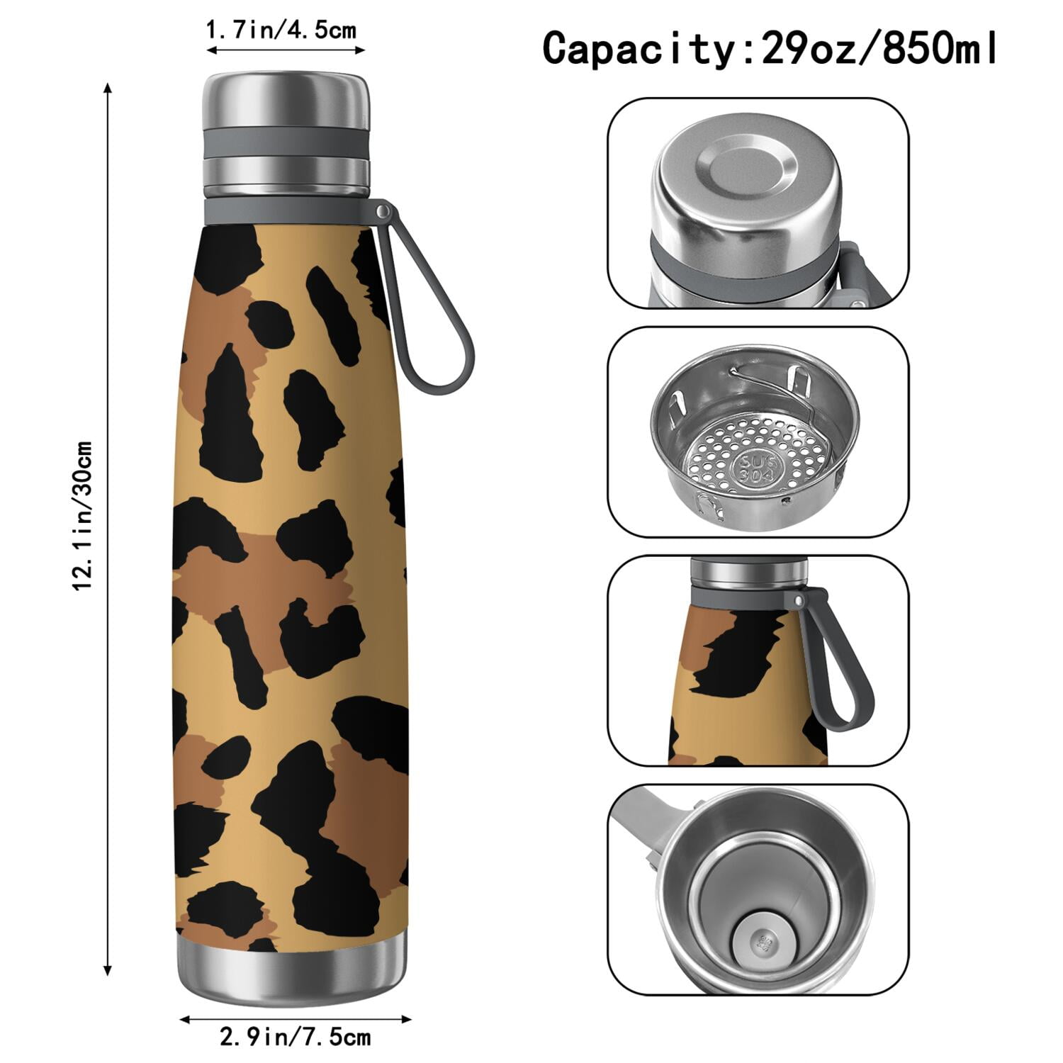29oz Insulated Water Bottle with Tea Infuser, Stainless Steel Travel Mug, Animal Leopard Print