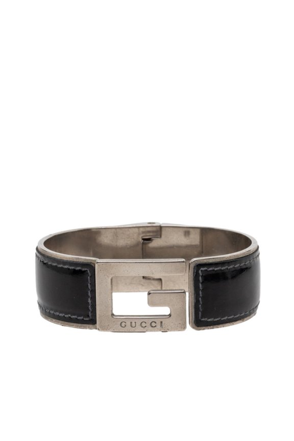 Pre-Owned Gucci G-logo Bangle, Silver, Black Metal Leather, Men's GUCCI