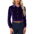 thumbnail image 1 of Chaqueta de terciopelo para mujer INSPIRE CHIC con bolsillos de solapa falsos, mangas largas, botón frontal, chaqueta casual, color púrpura oscuro, 1 of 6