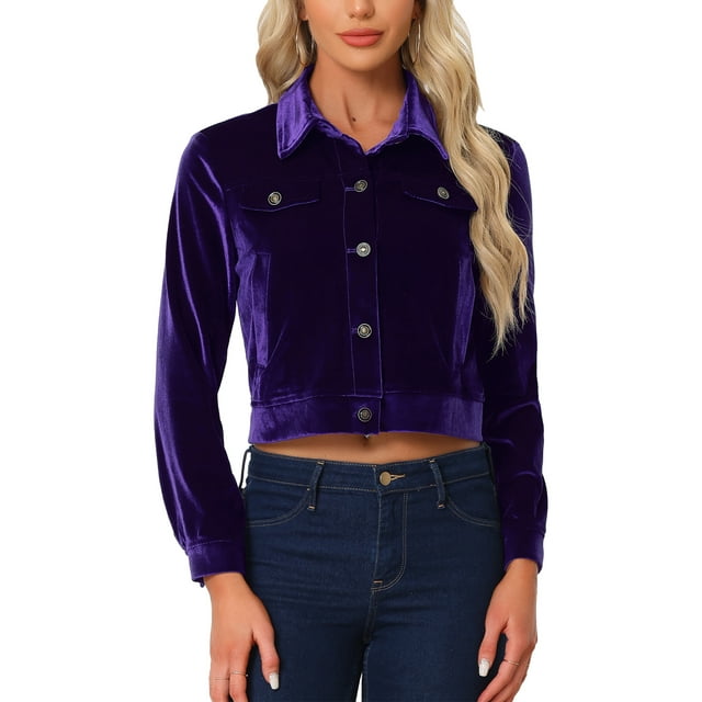 Chaqueta de terciopelo para mujer INSPIRE CHIC con bolsillos de solapa falsos, mangas largas, botón frontal, chaqueta casual, color púrpura oscuro