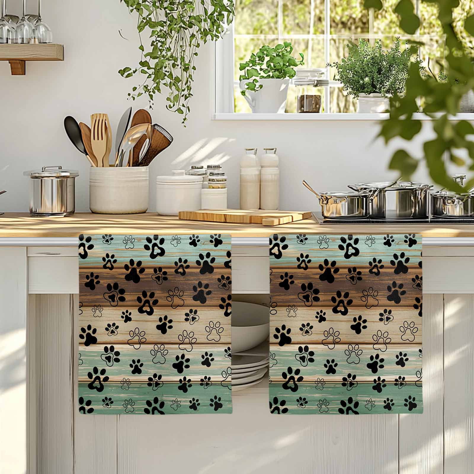 Teal Brown Kitchen Towels Set of 2, Pet Paw Printed Farmhouse Dog Claws Wood Grain Absorbent Dish Towels for Kitchen, Microfiber Hand Towel, Quick Drying Tea Towel for Cleaning Decorative Dishcloths