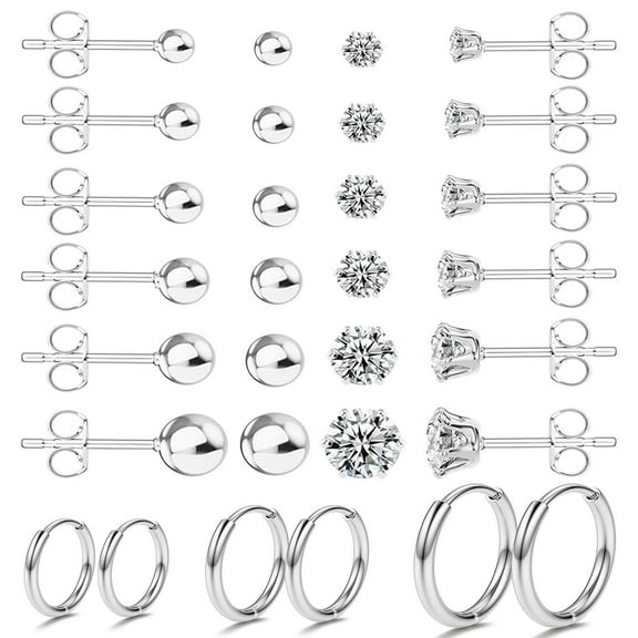 Earrings Stud for Ear Piercing Jewelry Hypoallergenic Surgical Stainless Steel 20G CZ Stud Earrings for Multiple Cartilage Helix Small Huggie Hoop Earrings for Women Men Silver 15Pairs Set
