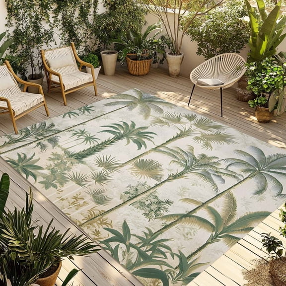 Fsddascl Beach Palm Outdoor Rug for Patio/Deck/Porch, Non-Slip Large Area Rug 4 x 6 Ft, Summer Green Coconut Tree Leaf Indoor Outdoor Rugs Washable Area Rugs, Reversible Camping Rug Carpet Runner